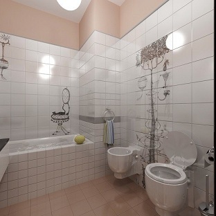 Horizontalus plytelių išdėstymas vonios kambaryje