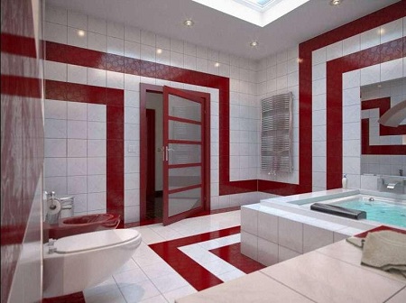 белая ванная с элементами красного