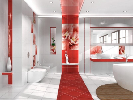бело красный интерьер ванной комнаты